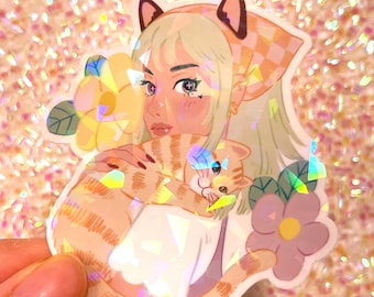 Tabby Cat and Girl Holographic Waterproof Sticker