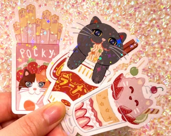 Japanese Snacks Cat Holographic Stickers