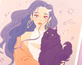 Celestial Buddies Print - Girl and Maine Coon