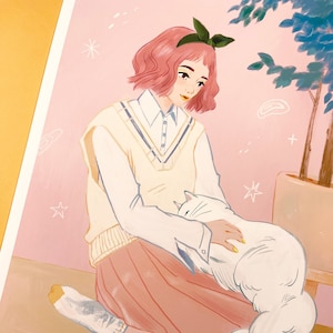 Girl and Persian Cat Print