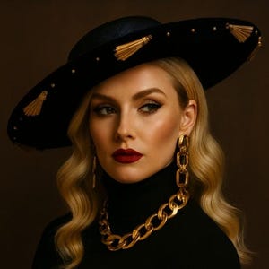 Stephen Anne Custom Black Velvet Straw Hat Wide Brim Gold Tassel Trim Stephen Anne Custom Black Velvet Straw Hat Wide Brim Gold  main image 3