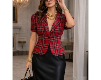 Vintage 80s Red Tartan Blazer Fitted Waist Tailored Jacket Size Small