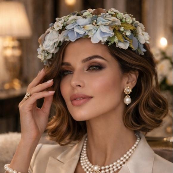 Vintage MILLER AND PAINE Lincoln floral headpiece blue white petal crown hat Vintage MILLER AND PAINE Lincoln floral headpiece blue white  main image 2