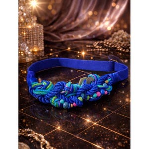 80s Carolyn Tanner Navy Teal Magenta Braided Rope Belt Beaded Luxe Gold Chain Vintage Carolyn Tanner Teal and Rainbow Woven Cord Beaded  main image 2