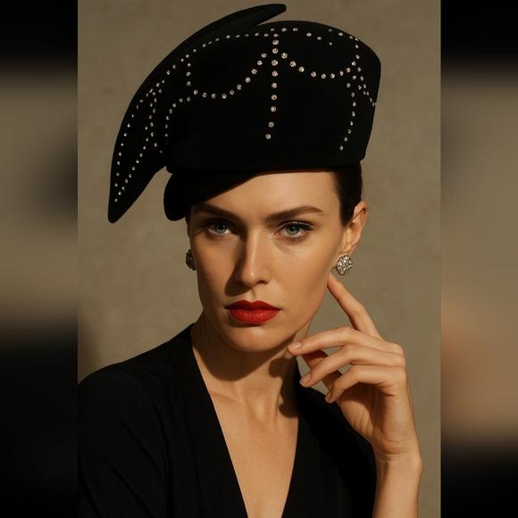 VINTAGE MR. JOHN CLASSIC BLACK RHINESTONE STUDDED HAT HOLLYWOOD GLAM Mr John Classic Vintage Hat Austria Brown Felt Faux Fur Roll  main image 4