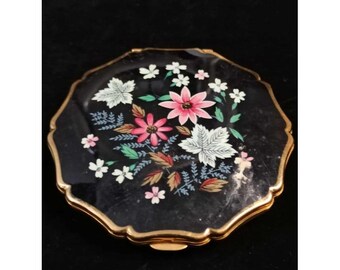 Vintage STRATTON England Powder Compact Mirror Black Floral Enamel Gold Tone