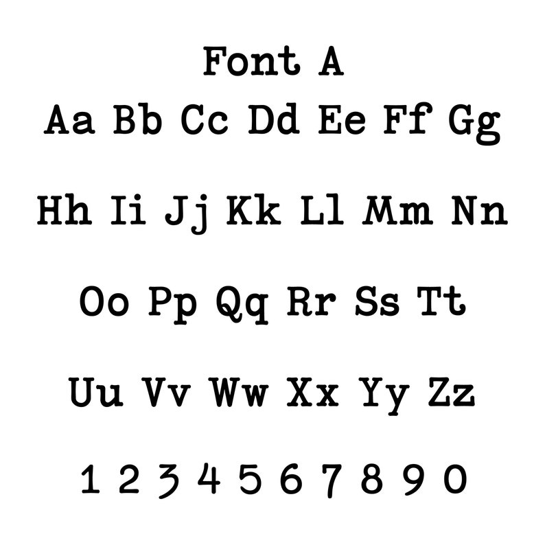 May include: Font A alphabet chart with uppercase and lowercase letters and numbers 1 through 0.