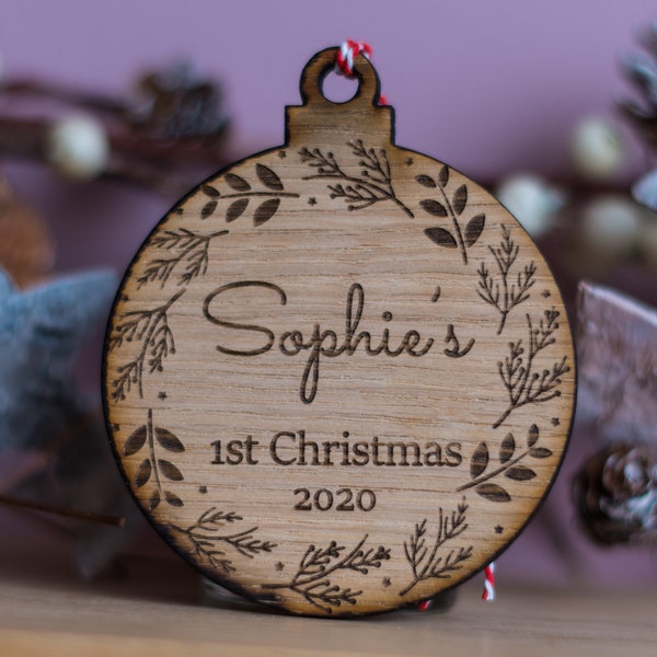 Personalised First Christmas Bauble 2023, Bespoke Rustic Wooden Engraved Winter Wreath Xmas Decoration, Newborn Baby Gift, Baby Shower Gift