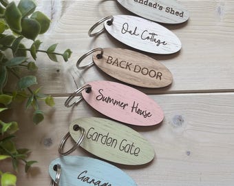 Personalised Wooden Keyring, Custom Oak Key Fob Gift, Engraved Shed/Back Door Key Ring, Airbnb, Hotel, New Home, Stocking Filler