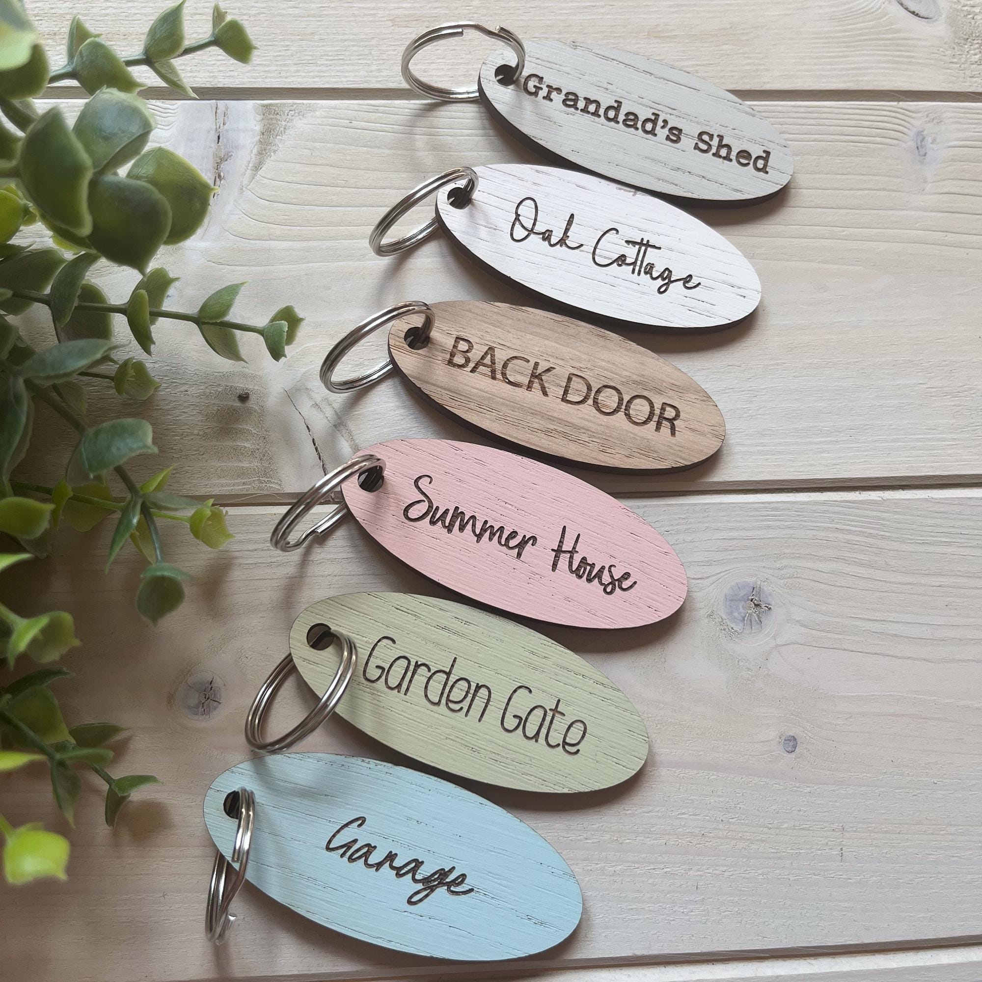 Personalised Wooden Keyring, Custom Oak Key Fob Gift, Engraved Shed ...