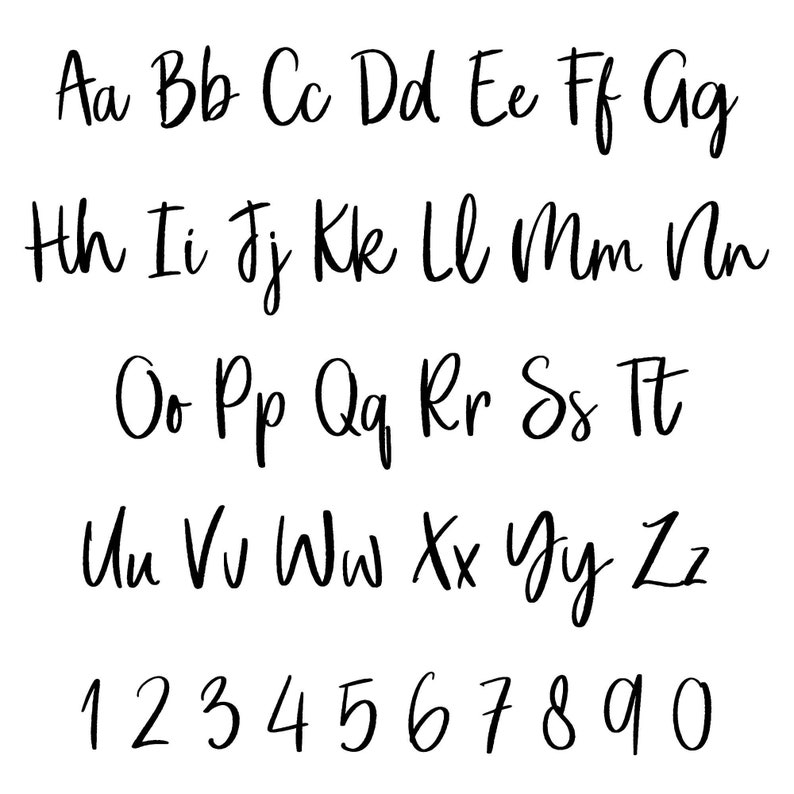 May include: A complete alphabet and numbers 1-0 in a handwritten, cursive font. The letters and numbers are in black against a white background. The letters are in uppercase and lowercase.