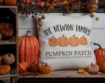 May include: A white throw pillow with the text "The Newton Family Pumpkin Patch Warty Goblin, Fairytale & Goosebump Varieties" printed on it. The pillow is decorated with five orange pumpkins.