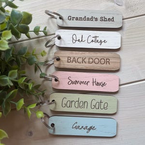 Personalised Wooden Keyring, Custom Key Fob in Blue, Pink, White, Taupe, Green, Oak; Shed, Door, Garage, Hotel, AirBnB, New Home Gift