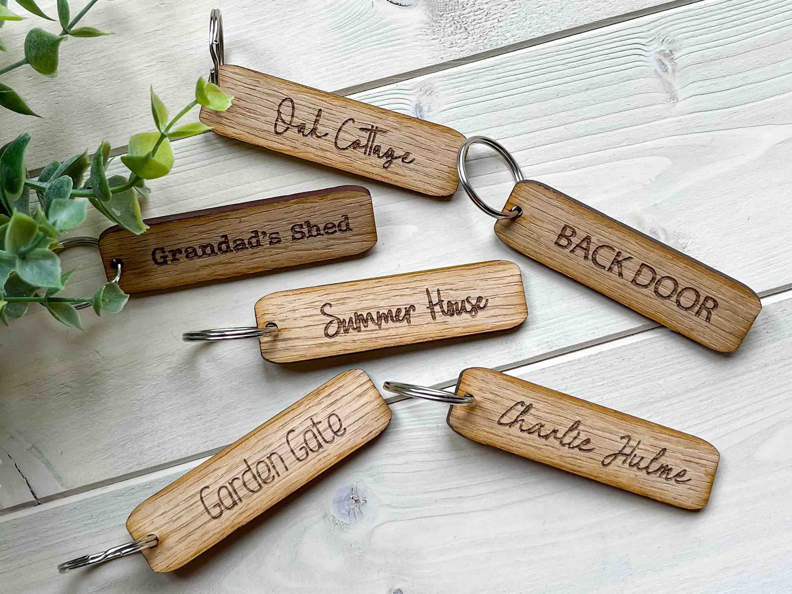 Personalized Oak Keyring, Custom Key Fob, Door, Shed Garage, Flat, Hotel, New Home Gift, Stocking Filler