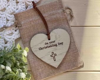 Christening Gift Tag, Wooden Engraved Christening Day Heart Sign, Christening Plaque, Christening Heart Hanging Sign, Gift For Christening