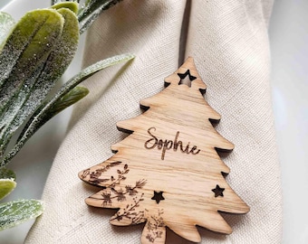 Christmas Place Name, Personalised Xmas Tree Table Setting, Custom Wooden Christmas Table Favour, Gift Tag, Handmade Christmas Dinner Tags