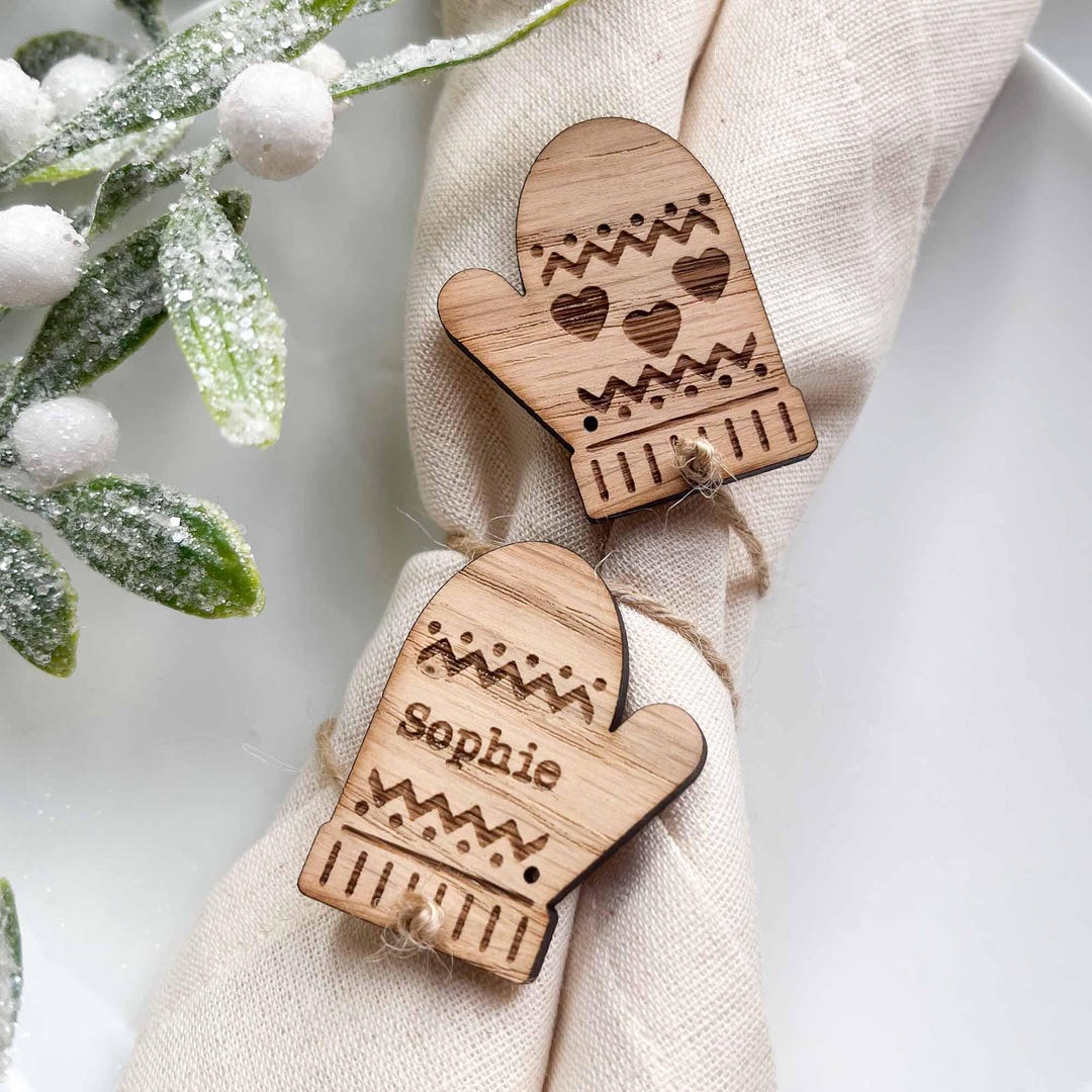 Christmas Place Name, Personalised Xmas Mittens Wooden Table Setting