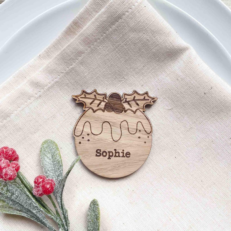 Christmas Place Name, Personalised Xmas Pudding Wooden Table Setting