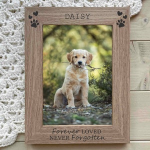 May include: A wooden photo frame with a light brown finish. The frame has a paw print and heart design on each side. The frame has a photo of a golden retriever puppy sitting in the woods. The frame has the text "DAISY" and "FOREVER LOVED NEVER FORGOTTEN" engraved on it.