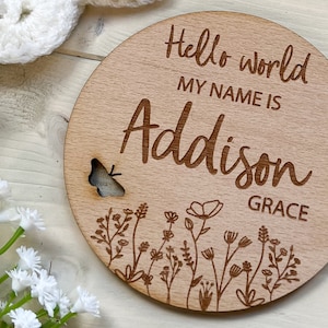 Baby Name Announcement Sign, Hello World My Name Is Plaque, Welcome To The World Disc, Personalised Wooden Name Reveal, Baby Birth Arrival