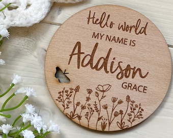 Personalised Baby Birth Arrival Sign, Social Media Photo Prop Disc, Hello World My Name Is Announcement Sign,Baby Name Plaque, New Baby Gift