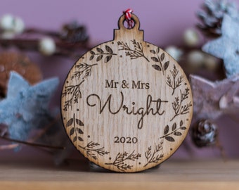 Personalised Mr and Mrs Christmas Bauble, Bespoke Rustic Wooden Couples Xmas Decoration, First Christmas Married Gift, Wedding Gift