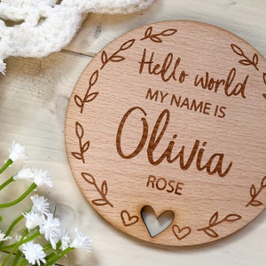 Baby Name Announcement Sign, Hello World My Name Is Plaque, Welcome To The World Disc, Personalised Wooden Name Reveal, Baby Birth Arrival