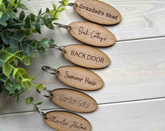 Personalised Oak Keyring, Custom Key Fob, Door, Shed Garage, Flat, Hotel, Air BnB, New Home Gift, Stocking Filler