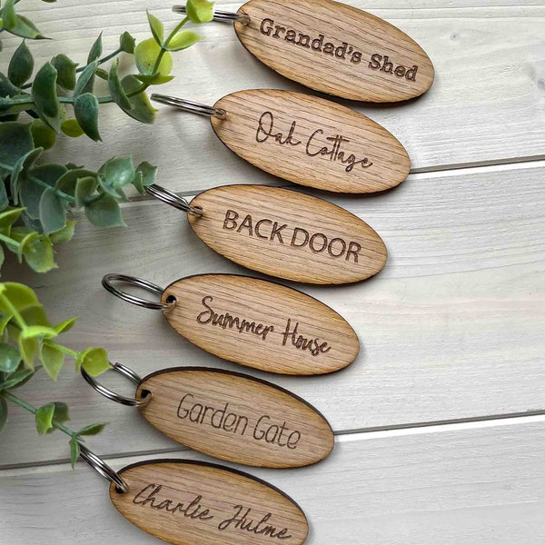 Personalised Oak Keyring, Custom Key Fob, Door, Shed Garage, Flat, Hotel, Air BnB, New Home Gift, Stocking Filler