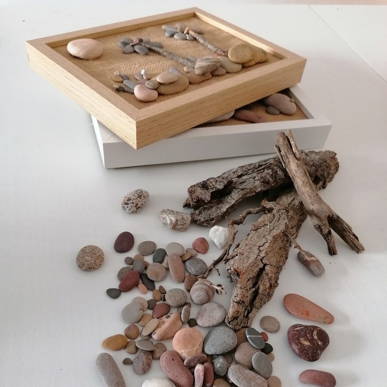 Pebble gift for friends-Stone craft-Beautiful day-Picture pebble beach-Mediterranean palm beach-Stone art-Home d\u00e9cor-Collage-Sand and Beach