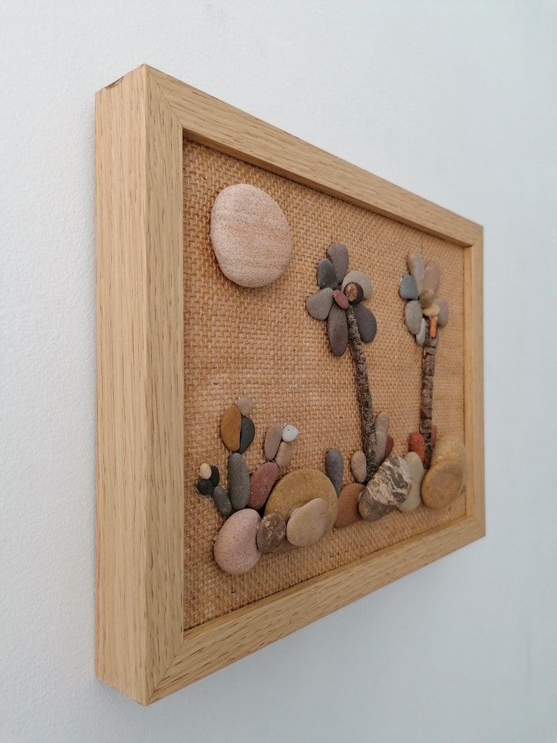 Pebble gift for friends-Stone craft-Beautiful day-Picture pebble beach-Mediterranean palm beach-Stone art-Home d\u00e9cor-Collage-Sand and Beach