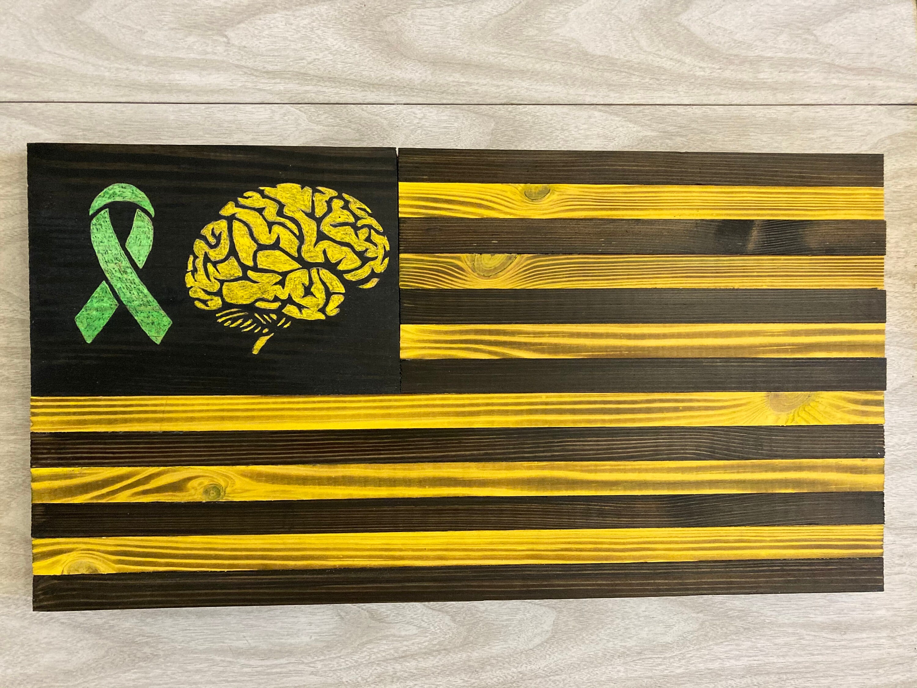 Hand carved mini brain injury awareness flag Etsy