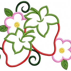 May include: A digital embroidery design featuring two red strawberries with green leaves and pink flowers.