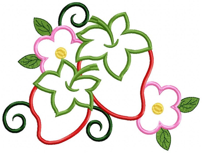 May include: A digital embroidery design featuring two red strawberries with green leaves and pink flowers.