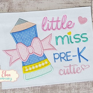 Little Miss Pre-K Cutie - Bordado de apliques - 4x4 5x7 6x10 7x12 - Design de bordado à máquina - Bordado escolar - Bordado pré-K