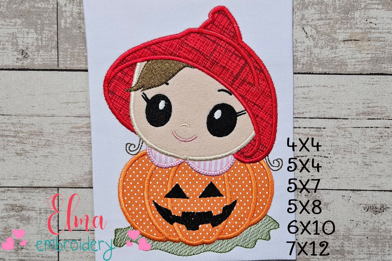 かぼちゃ魔女ガールのアップリケ - ハロウィン刺繍デザイン（デジタル