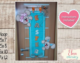 Diseño bordado para percha de puerta con conejitos de Pascua (Proyecto ITH)