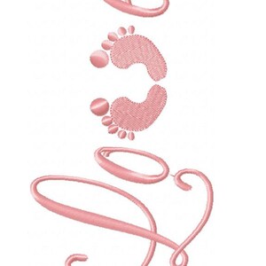 May include: Pink embroidery design featuring a pair of baby footprints and the word "Love" in a cursive script.