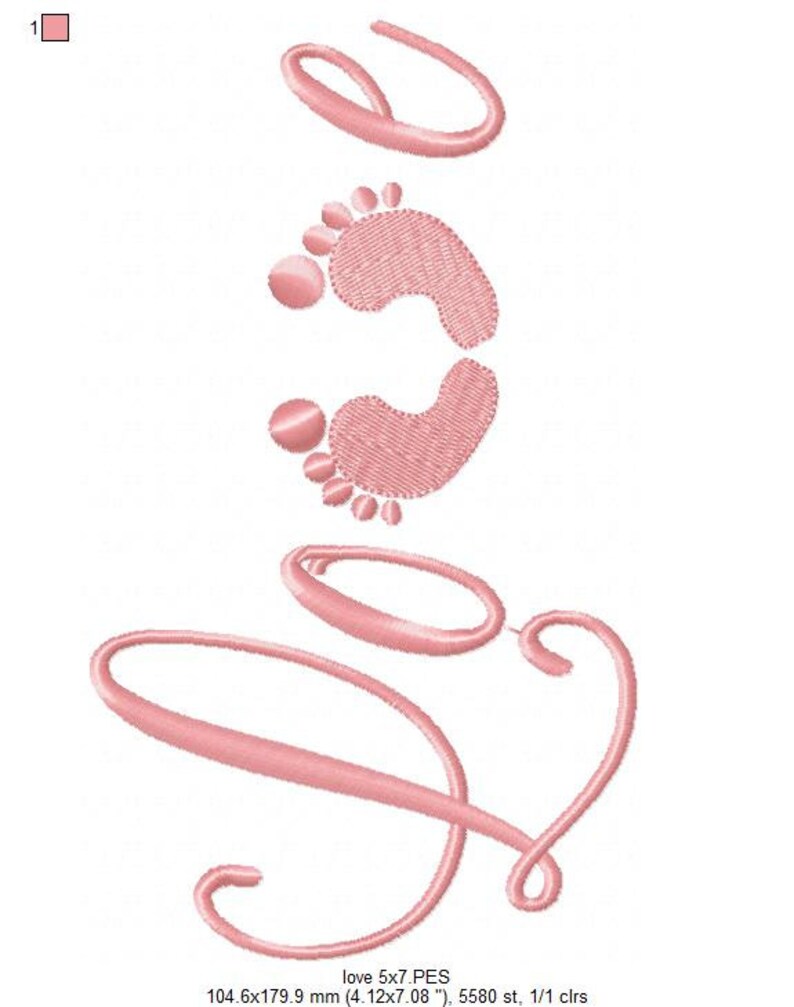 May include: Pink embroidery design featuring a pair of baby footprints and the word "Love" in a cursive script.