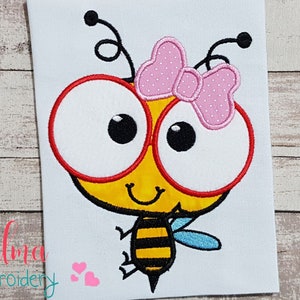 Cute Bee Girl with Glasses - Bumble Bee -  Machine Embroidery Design - Applique Embroidery - Animal Embroidery - 4x4 5x4 5x7 5x8 6x10 7x12