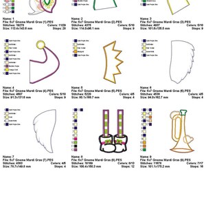 K&ouml;nnte beinhalten: Neun bunte Stickmuster f&uuml;r Mardi Gras, jedes mit einem anderen Thema, darunter eine Maske, ein Hut, eine Krone, Fl&uuml;gel, Stiefel und eine Trompete. Die Muster sind in verschiedenen Farben, darunter Gr&uuml;n, Gelb, Lila, Rosa und Wei&szlig;.