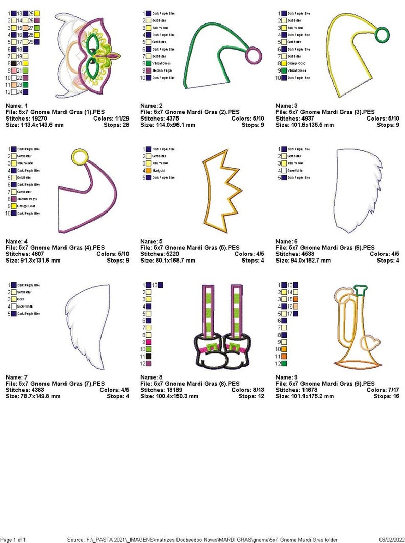 K&ouml;nnte beinhalten: Neun bunte Stickmuster f&uuml;r Mardi Gras, jedes mit einem anderen Thema, darunter eine Maske, ein Hut, eine Krone, Fl&uuml;gel, Stiefel und eine Trompete. Die Muster sind in verschiedenen Farben, darunter Gr&uuml;n, Gelb, Lila, Rosa und Wei&szlig;.