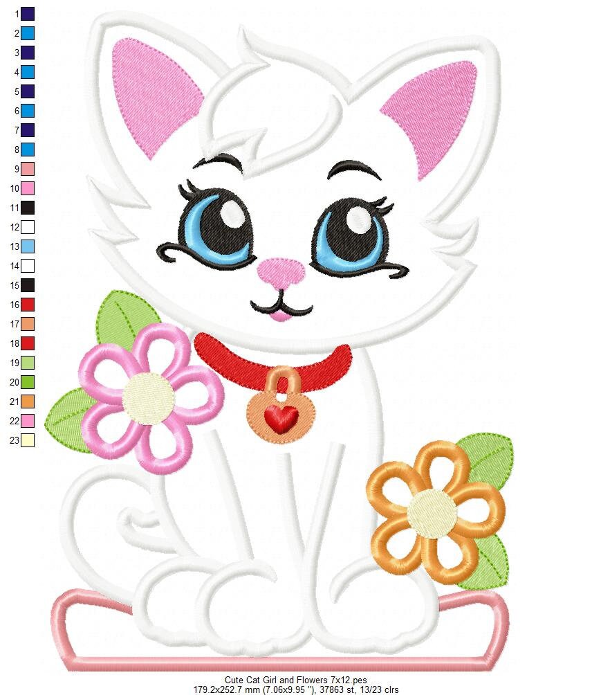 Cute Cat Girl and Flowers - Machine Embroidery Design - Applique ...