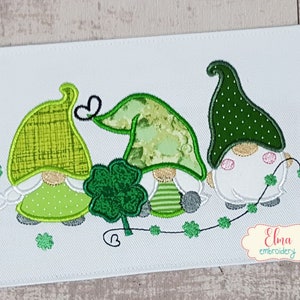 Three St Patrick&#39;s Gnomes - Applique - 5x7 5x8 6x10 7x12 - Gnome Embroidery - Machine Embroidery Design - Shamrock Applique Embroidery