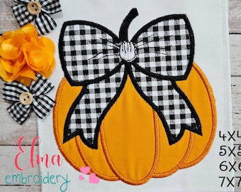 Pumpkin with Gingham Bow: Fall Machine Embroidery Design (4x4 5x5 6x6 7x7)