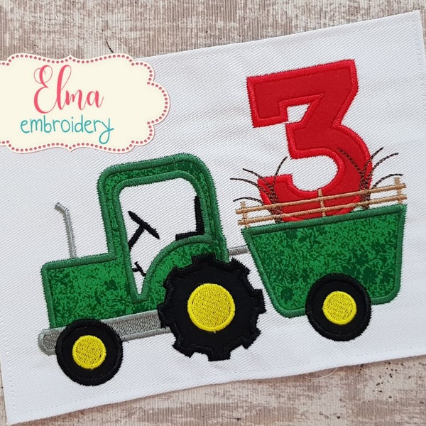 Farm Tractor Birthday Number 3 Three - Applique Embroidery - 5x7 6x10 7x12 - Machine Embroidery Design - Birthday Embroidery