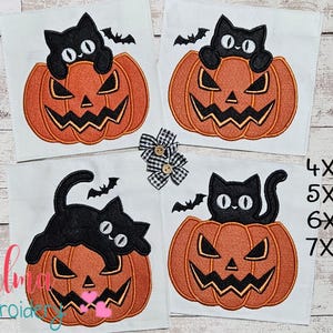 Cat in Jack O&#39;Lantern Machine Embroidery Design: Spooky Halloween Applique (4x4 to 7x7 inches)