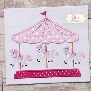 May include: Pink and white polka dot carousel with three white horses with pink and purple details. The carousel has a pink base with white polka dots.