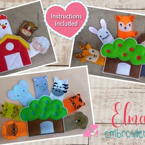 Set of 3 Animals Finger Puppets ITH Project - Applique - 4x4 - Animals Embroidery - Machine Embroidery Design - Instructions Included