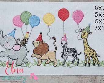 Safari Animals Birthday Parade Fill Stitch Machine Embroidery Design (Digital Download)